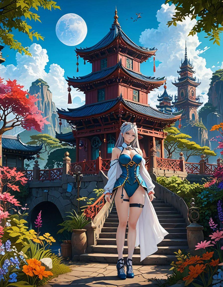 A captivating scene depicting a fusion of BDSM elements and vibrant adult animation aesthetics, featuring dynamic characters in an intriguing, playful environment. Include alluring costumes, expressive faces, and rich colors that evoke a sense of adventure and allure, set against the backdrop of a manga-inspired landscape. Capture the essence of fantasy and creativity in this captivating world. bright colors. playful cartoon style. detailed background.